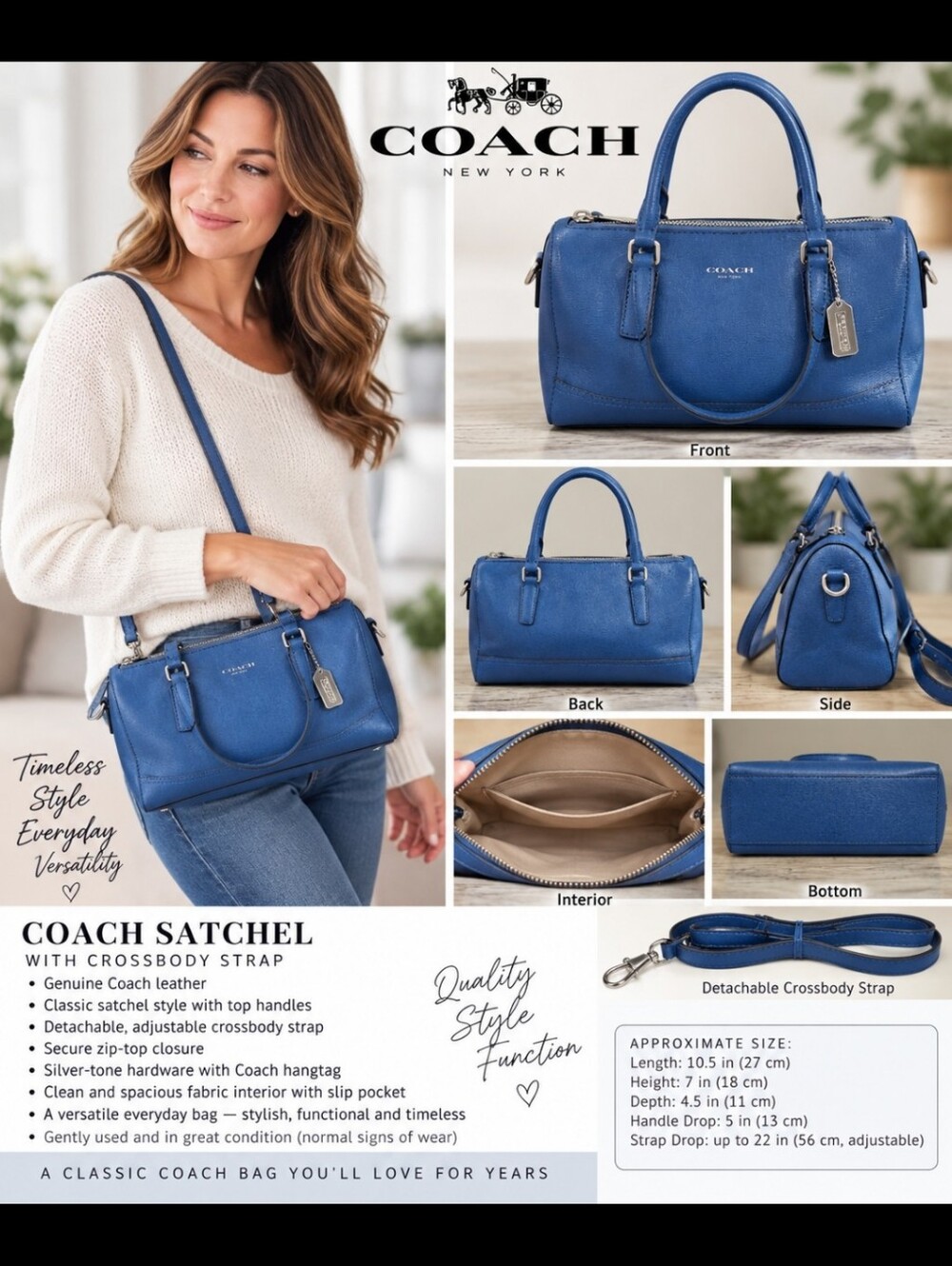Coach Blue Leather Satchel Crossbody Bag w/ Detachable Strap